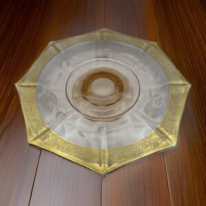 Gilt Edged 8 Sided Pink Depression Glass Etched Footed Cake Stand 11.5 inch